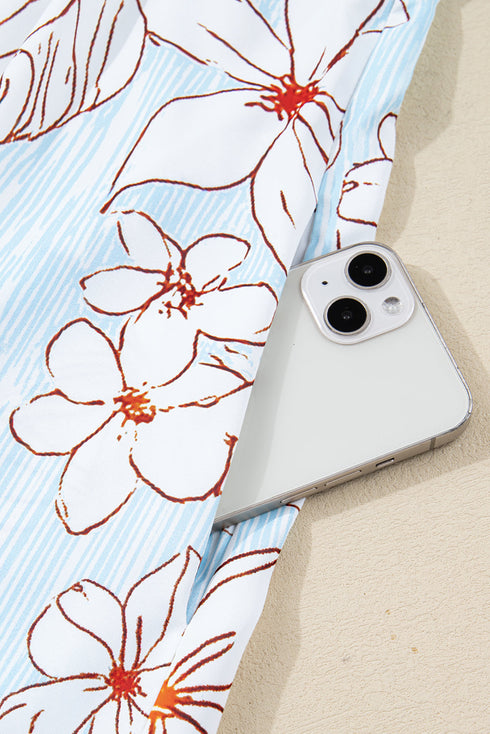 Pinstripe Floral Outline Ruffled Split Neck Long Sleeve Mini Dress